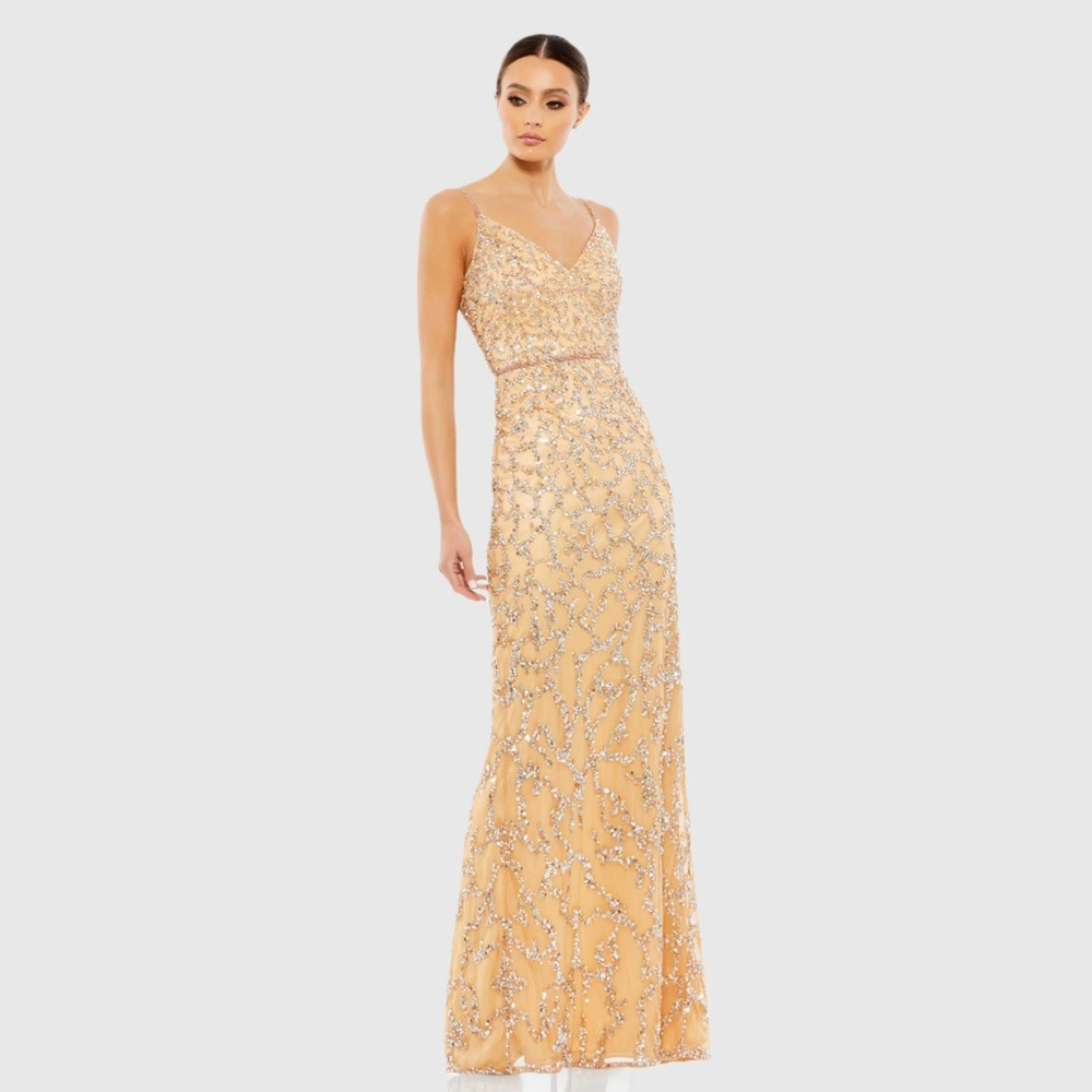 MAC DUGGAL Nude/Gold/Champagne Sleeveless V-Neck Beaded Column Gown